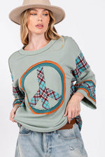 SAGE + FIG Peace Applique Patch Contrast Plaid Top - Amexza