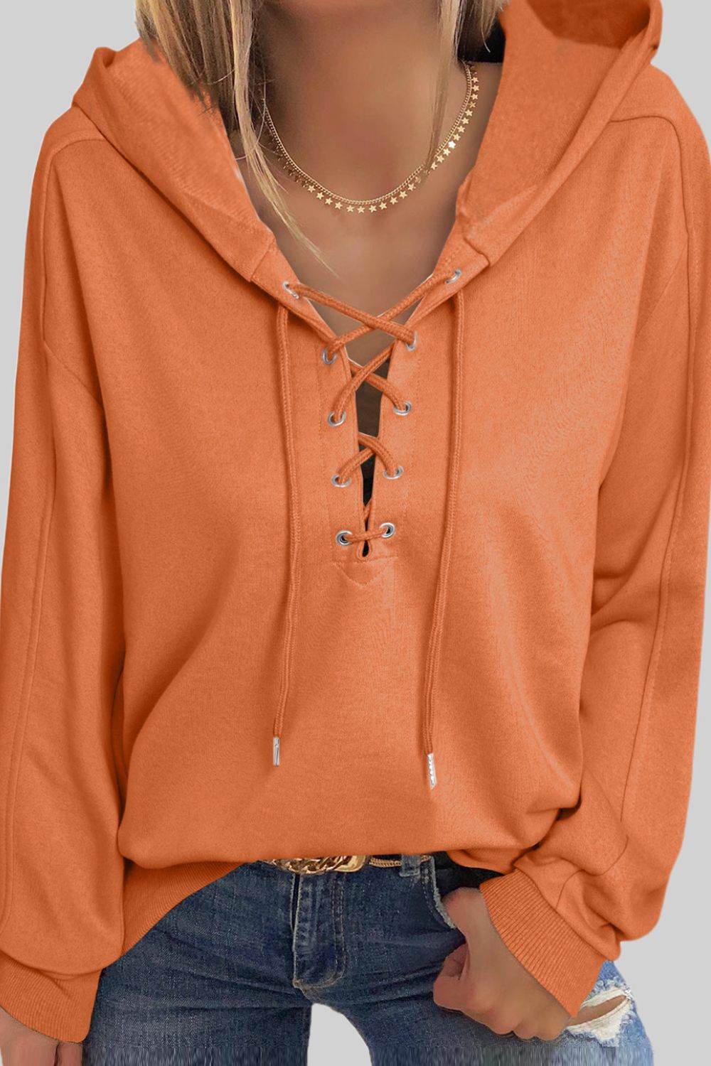 Lace Up Long Sleeve Hoodie - Amexza