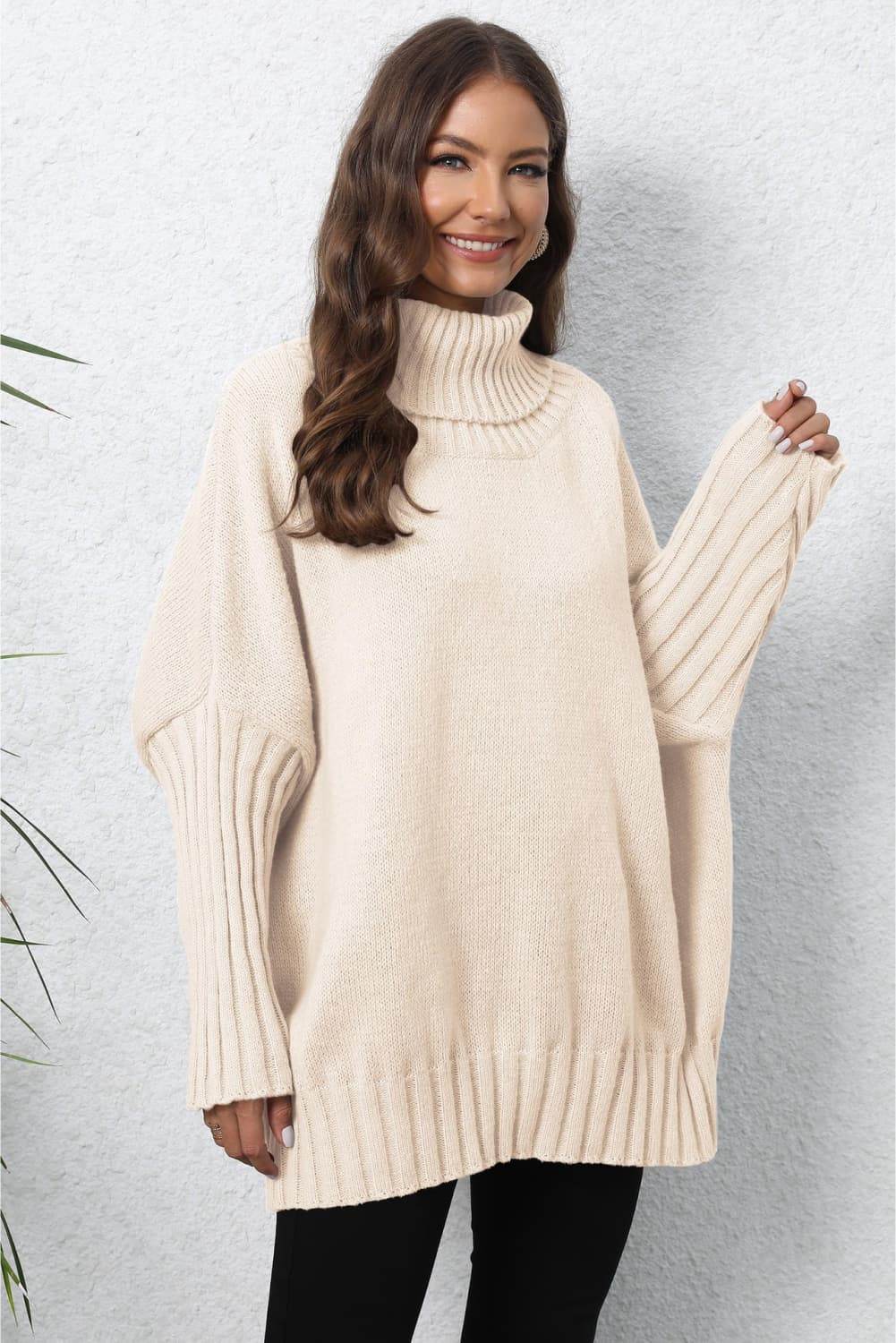 Turtle Neck Long Sleeve Ribbed Sweater - Amexza