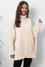 Turtle Neck Long Sleeve Ribbed Sweater Beige One Size for a perfect OOTD – dress to impress outfits from Amexza