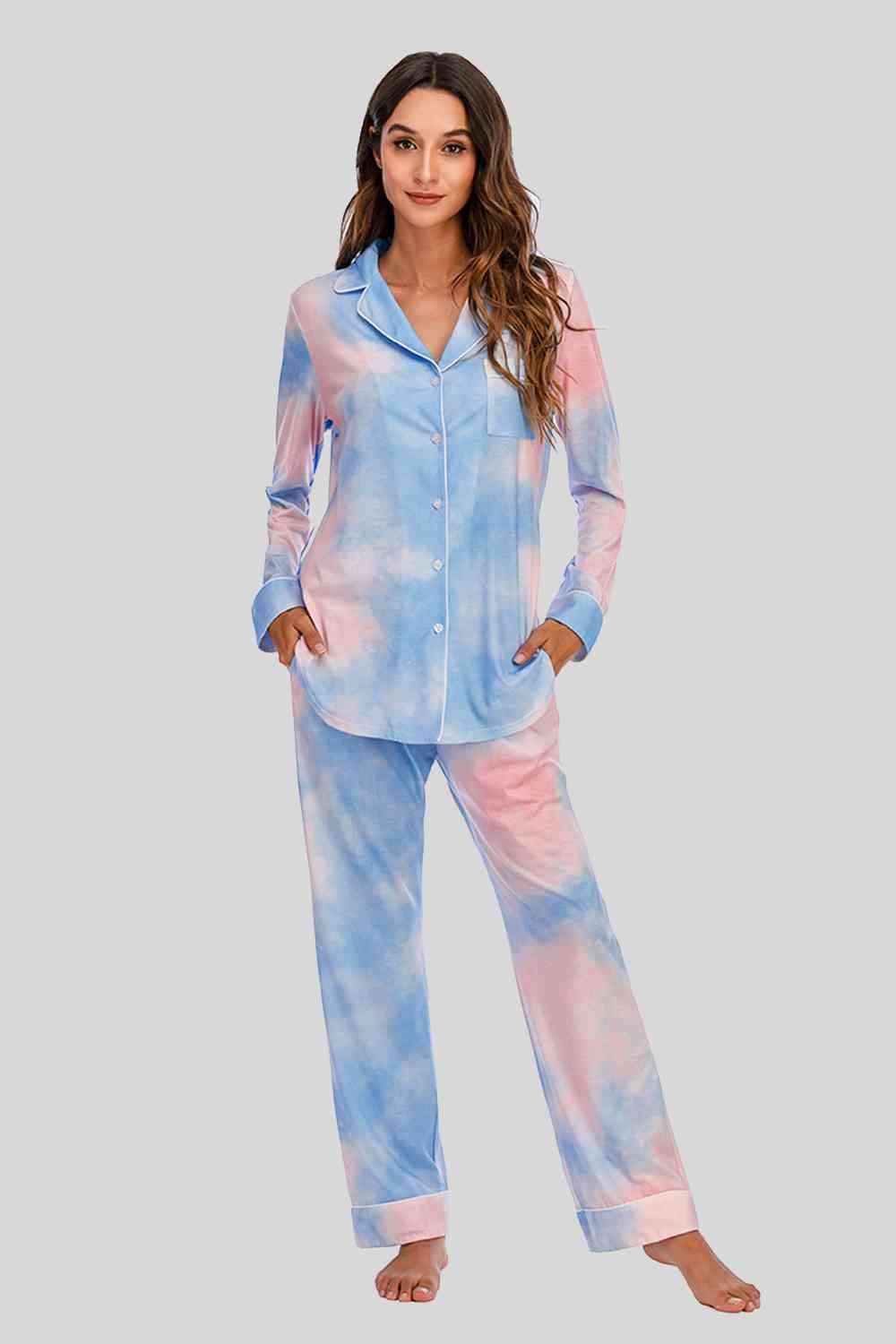 Collared Neck Long Sleeve Loungewear Set with Pockets Multicolor for a perfect OOTD – dress to impress outfits from Amexza