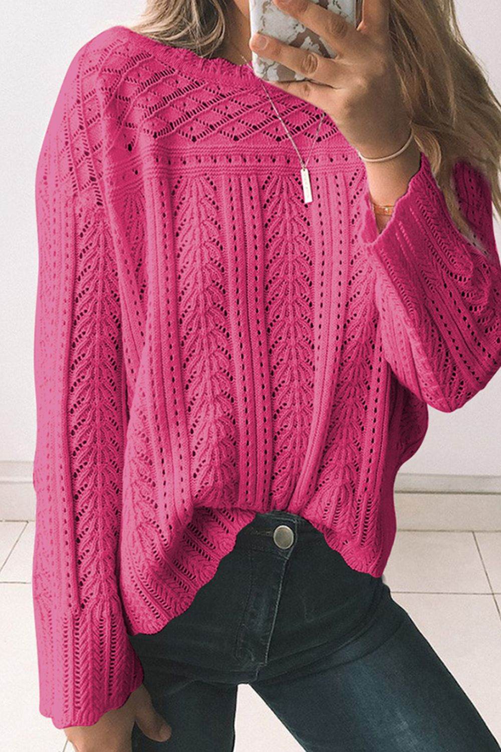 Openwork Round Neck Long Sleeve Knit Top Hot Pink for a perfect OOTD – dress to impress outfits from Amexza