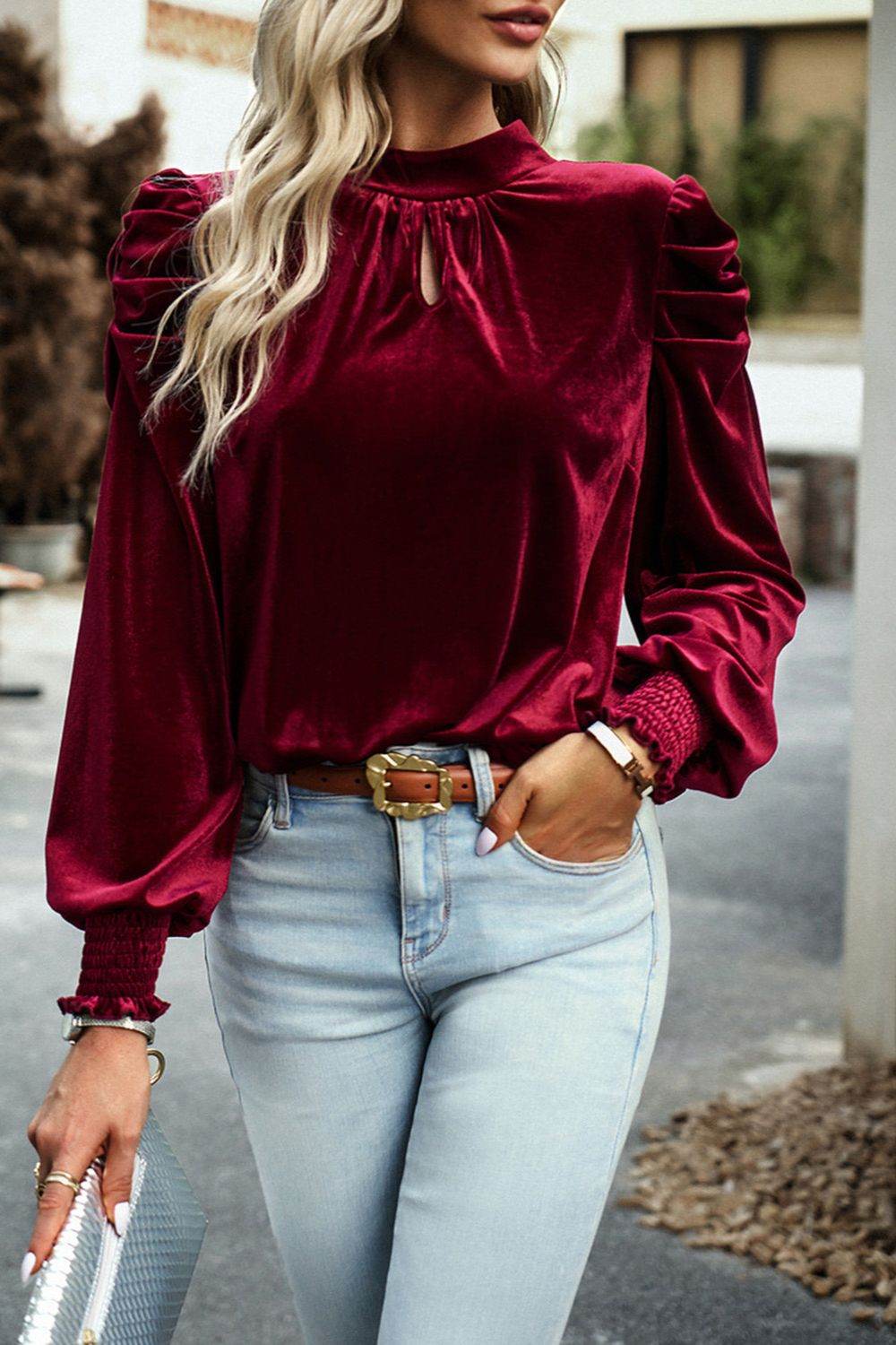 Tie Up Mock Neck Velvet Fabric Long Sleeve Blouse for a perfect OOTD – dress to impress outfits from Amexza