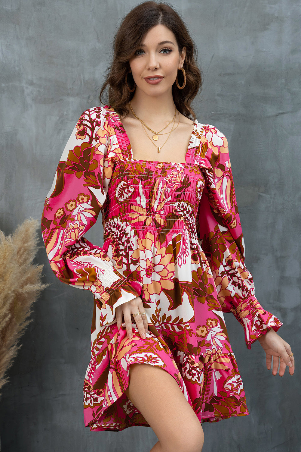 Floral Square Neck Flounce Sleeve Dress - Multicolor / S