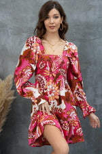 Floral Square Neck Flounce Sleeve Dress - Amexza