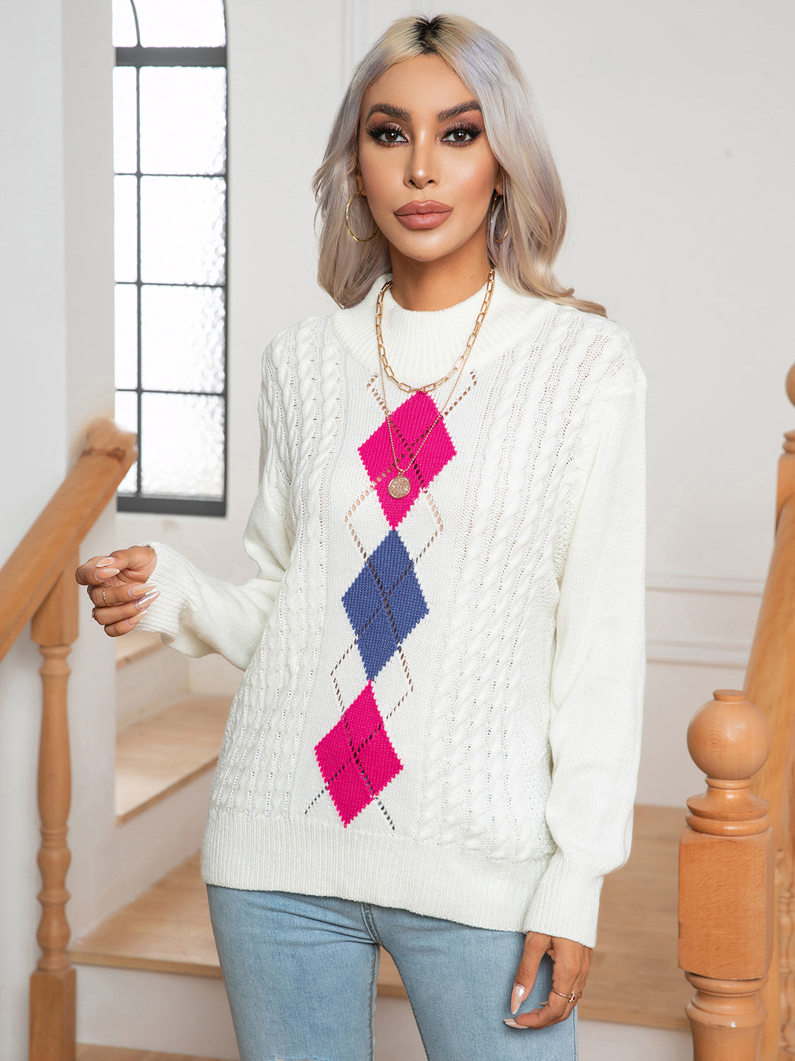 Openwork Geometric Mock Neck Sweater for a perfect OOTD – dress to impress outfits from Amexza