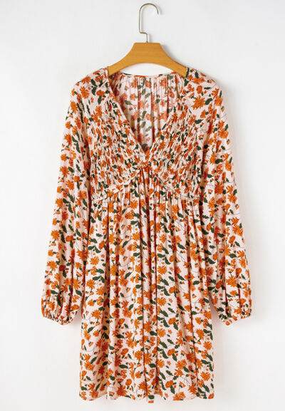 Smocked Printed V-Neck Long Sleeve Dress for a perfect OOTD – dress to impress outfits from Amexza