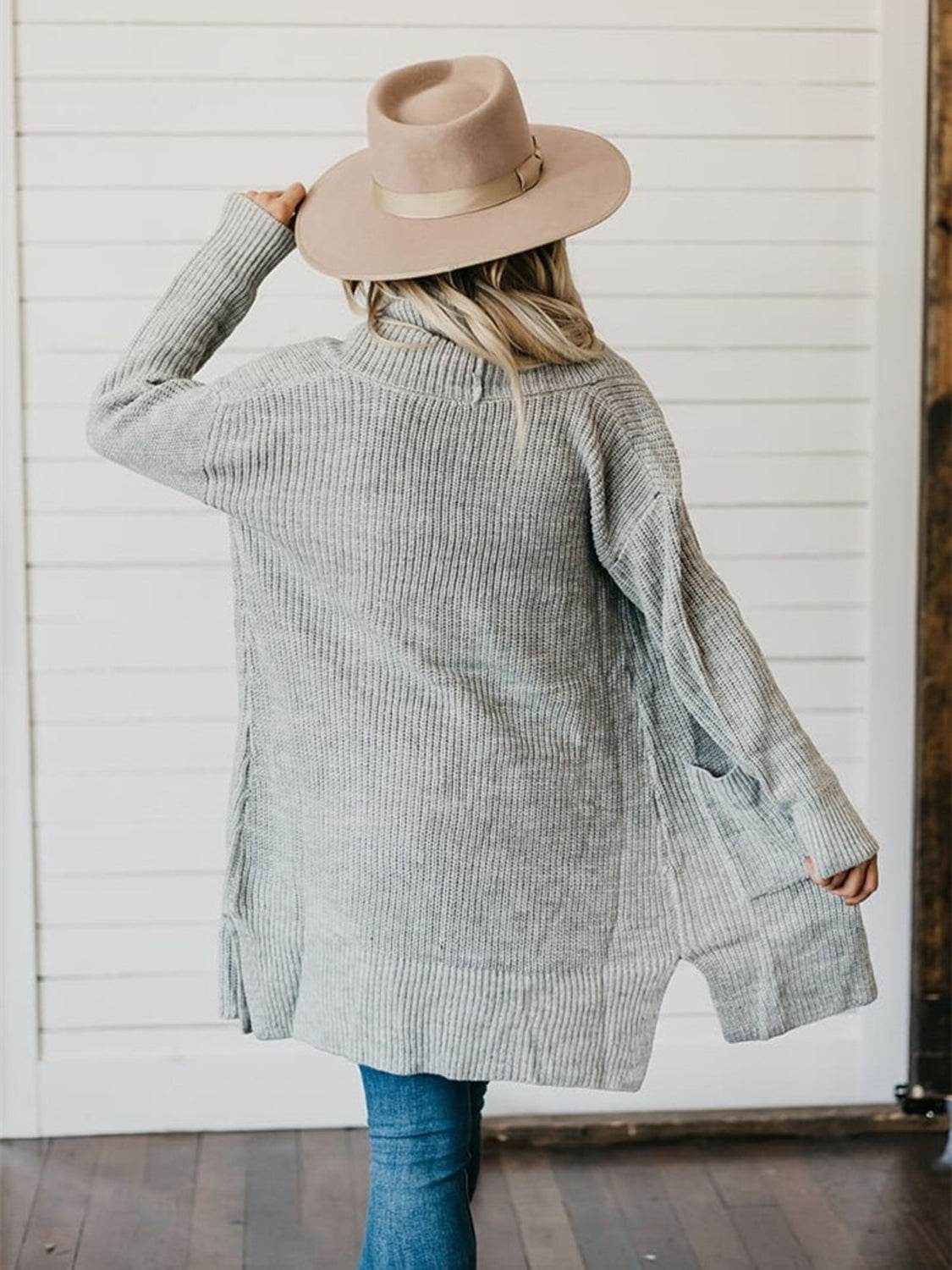 High-Low Open Front Cardigan with Pockets - Amexza