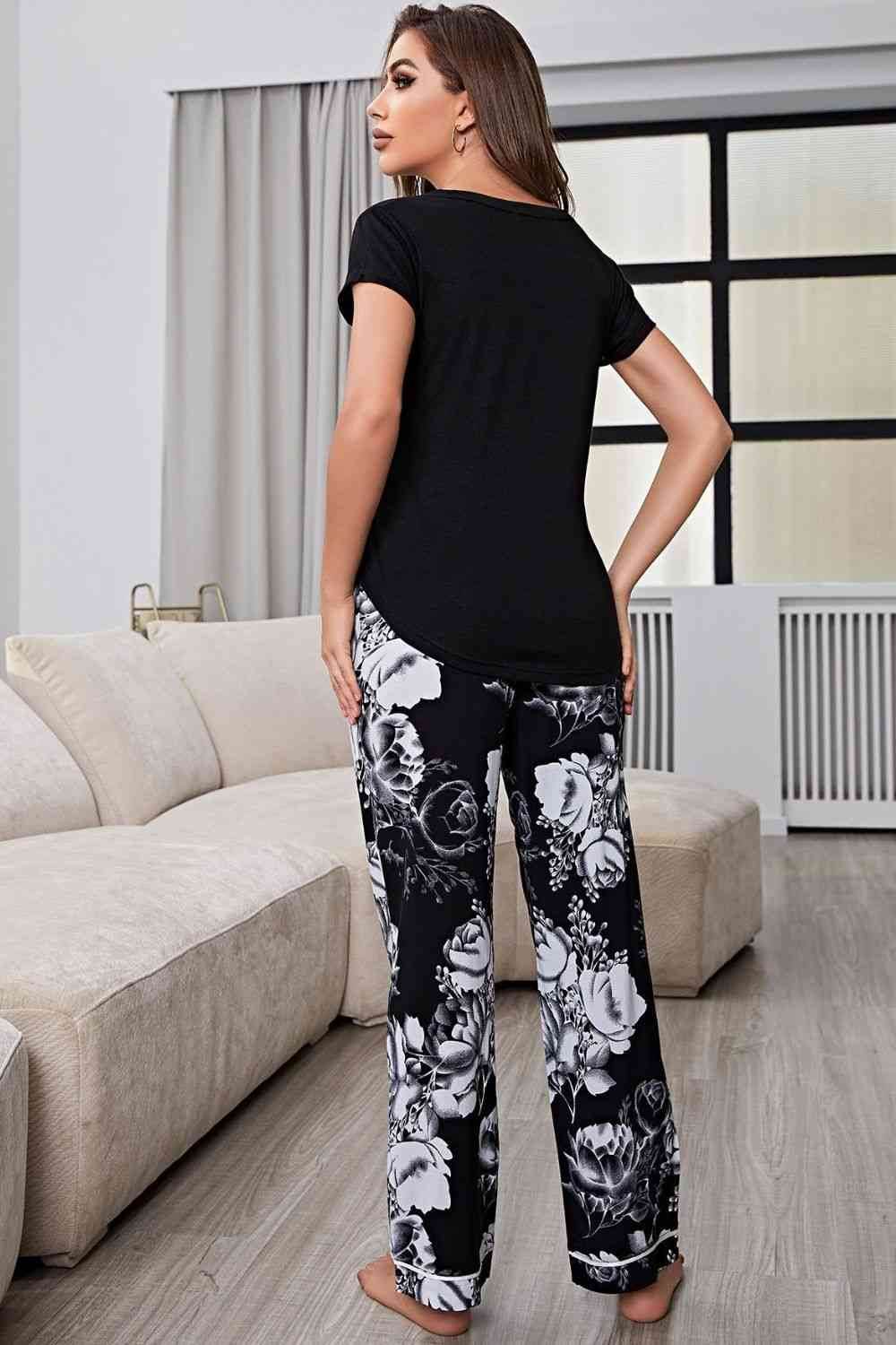 Full Size V-Neck Top and Floral Pants Lounge Set for a perfect OOTD – dress to impress outfits from Amexza