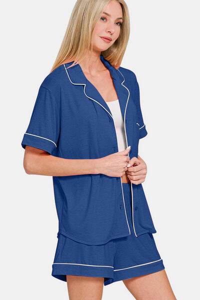 Zenana Button Down Short Sleeve Top and Shorts Lounge Set for a perfect OOTD – dress to impress outfits from Amexza