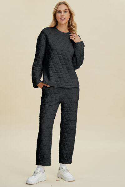 Double Take Full Size Texture Round Neck Long Sleeve Top and Pants Set - Amexza