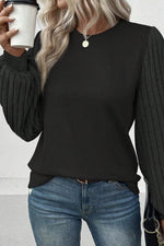 Ribbed Round Neck Long Sleeve Knit Top - Amexza