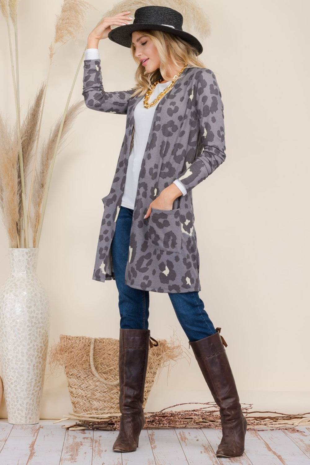 Celeste Full Size Leopard Open Front Contrast Cardigan for a perfect OOTD – dress to impress outfits from Amexza