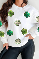 Lucky Clover Round Neck Long Sleeve Sweatshirt White for a perfect OOTD – dress to impress outfits from Amexza