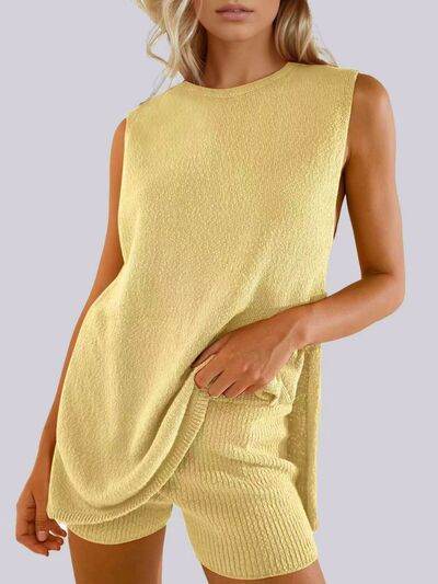 Mandy Side Slit Round Neck Tank and Shorts Sweater Set Yellow for a perfect OOTD – dress to impress outfits from Amexza