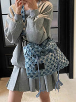 Checkered Raw Edge Adjustable Strap Convertible Bag Dusty Blue One Size for a perfect OOTD – dress to impress outfits from Amexza