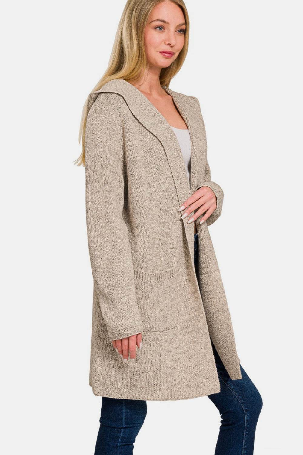 Zenana Hooded Open Front Sweater Cardigan H Mocha for a perfect OOTD – dress to impress outfits from Amexza