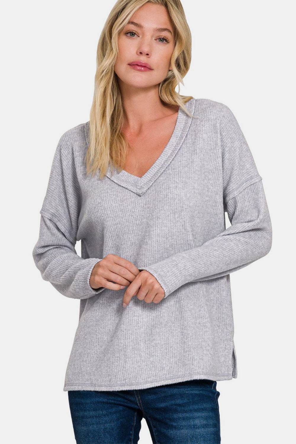 Zenana Full Size Ribbed V-Neck Drop Shoulder Top H Grey for a perfect OOTD – dress to impress outfits from Amexza