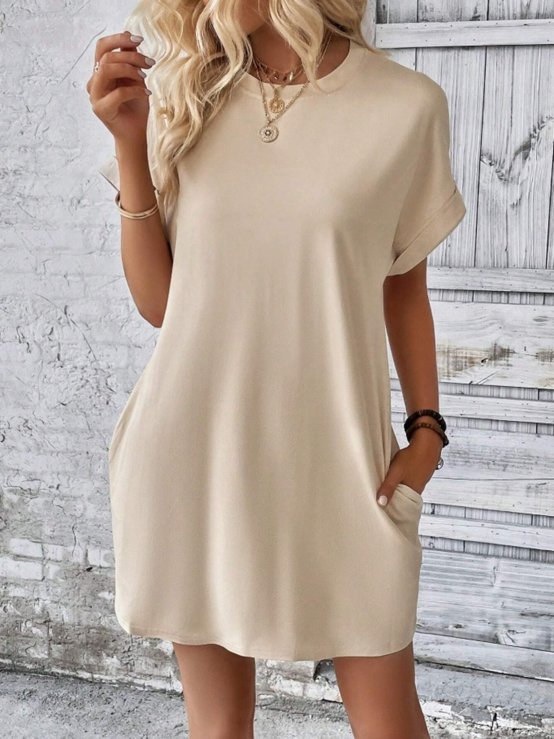 Pocketed Round Neck Short Sleeve Dress - Tan / S