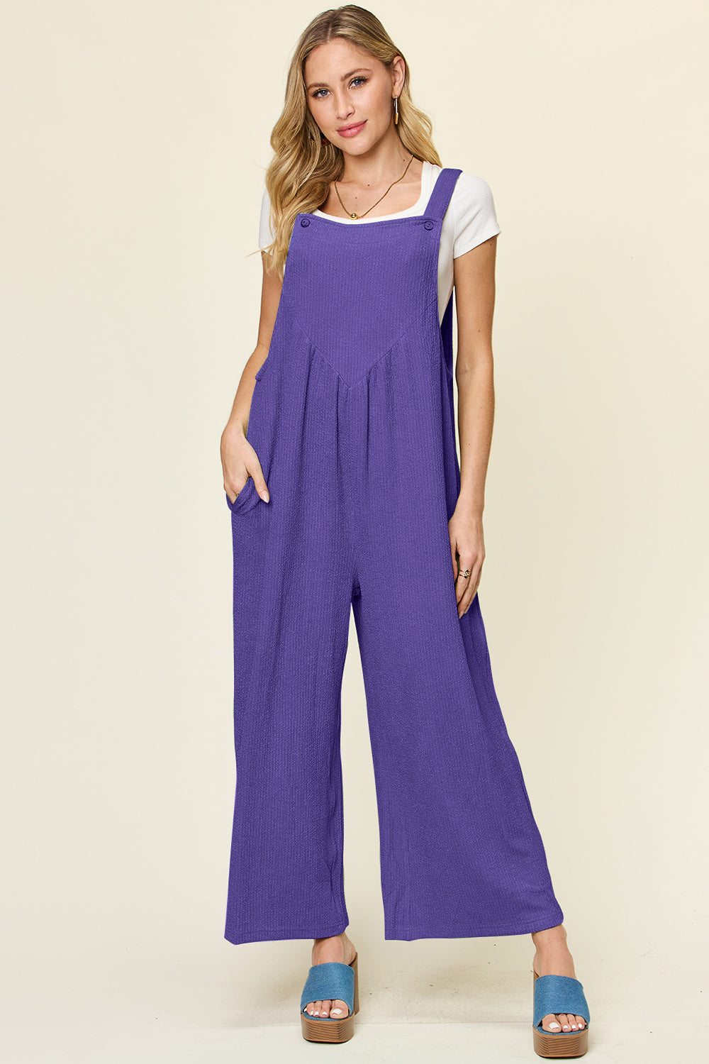 Double Take Full Size Texture Sleeveless Wide Leg Overall Indigo for a perfect OOTD – dress to impress outfits from Amexza