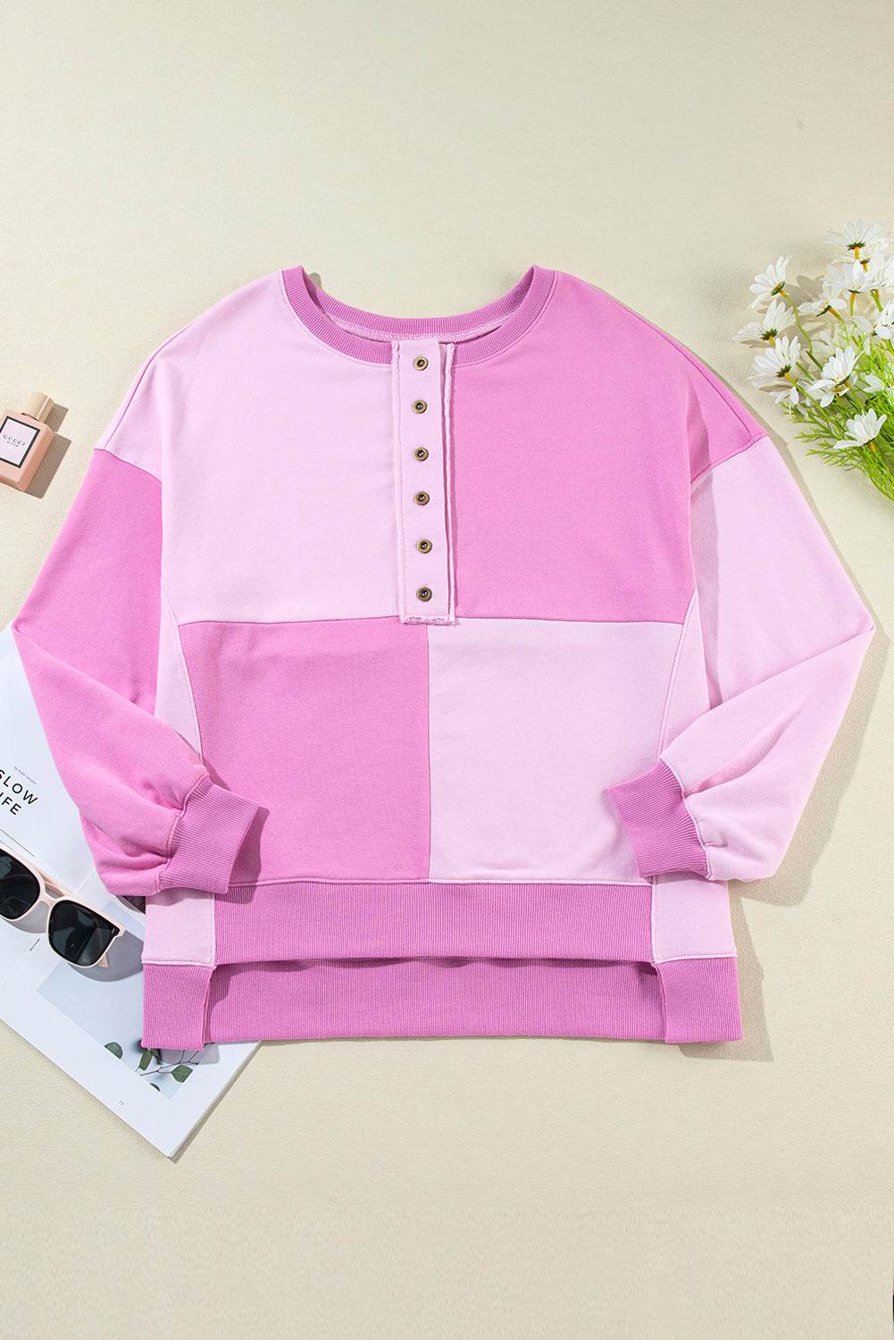 Color Block Half Button Long Sleeve Sweatshirt - Amexza