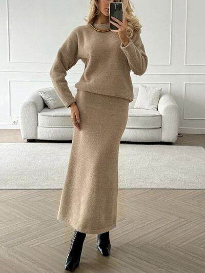 Round Neck Dropped Shoulder Top and Midi Skirt Sweater Set for a perfect OOTD – dress to impress outfits from Amexza