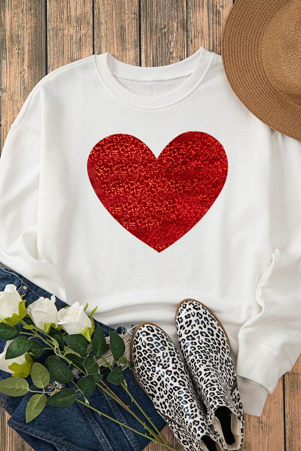 Valentine’s Day Heart Round Neck Long Sleeve Sweatshirt for a perfect OOTD – dress to impress outfits from Amexza