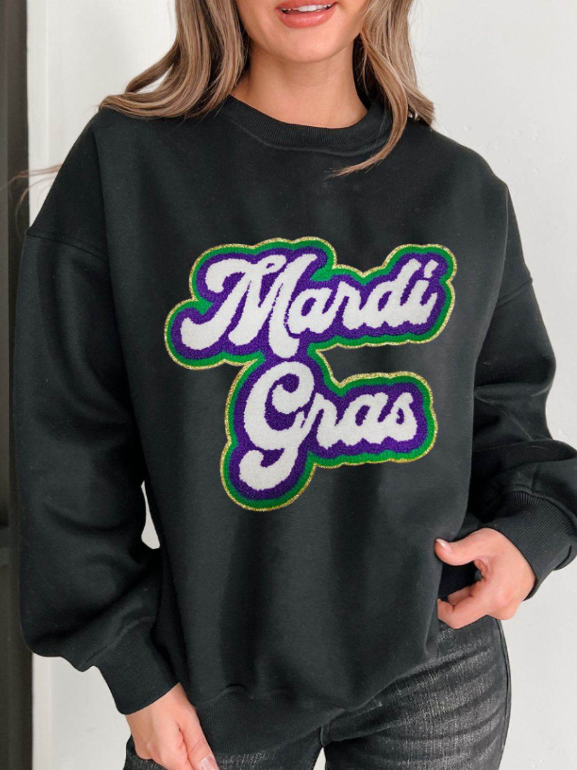 MARDI GRAS Round Neck Drop Shoulder Sweatshirt for a perfect OOTD – dress to impress outfits from Amexza