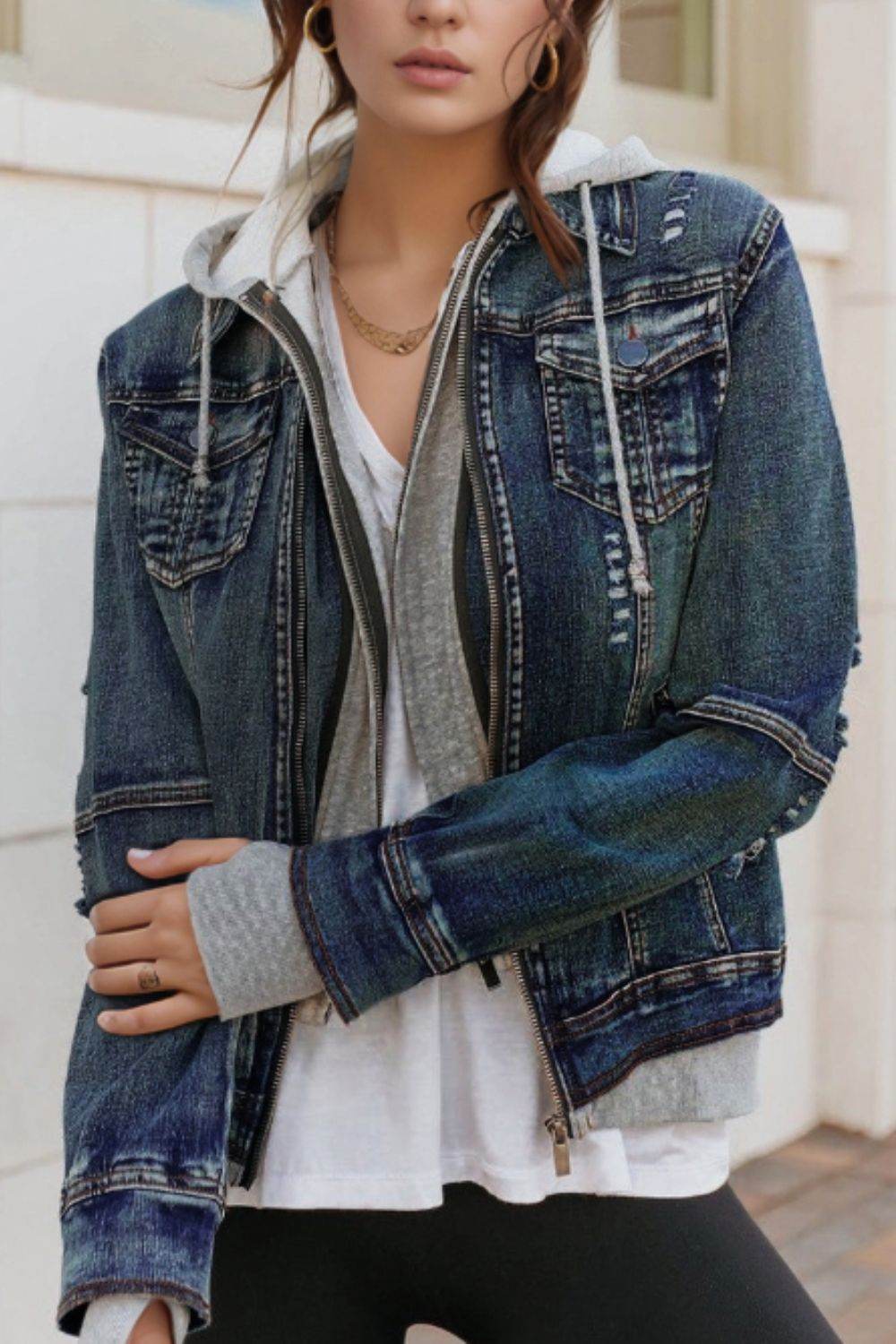 Fake Two-Piece Hooded Zip-Up Denim Jacket Dark Blue for a perfect OOTD – dress to impress outfits from Amexza