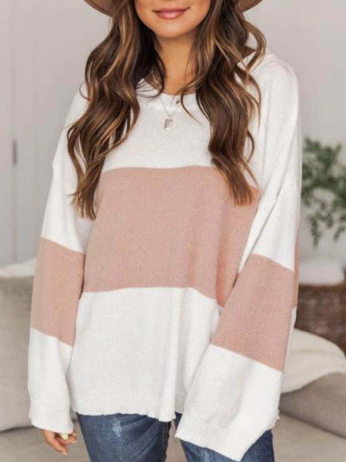 Color Block Round Neck Long Sleeve Sweater Blush Pink for a perfect OOTD – dress to impress outfits from Amexza