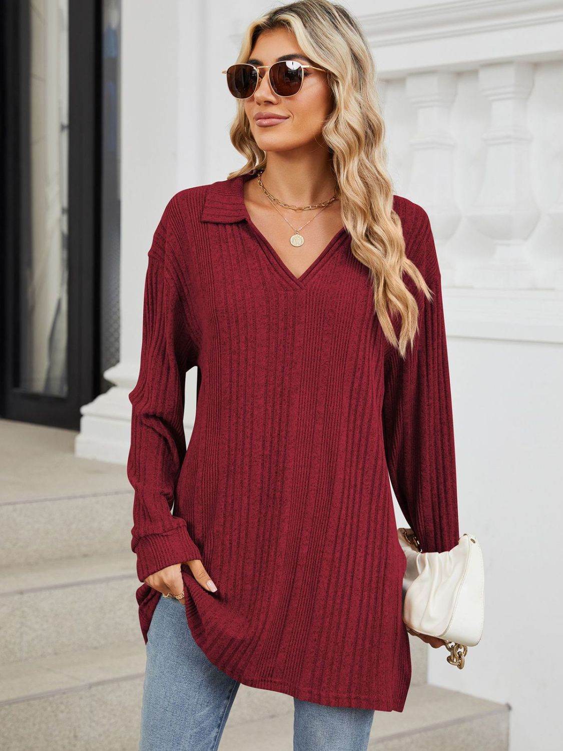 Slit Johnny Collar Long Sleeve T-Shirt - Amexza