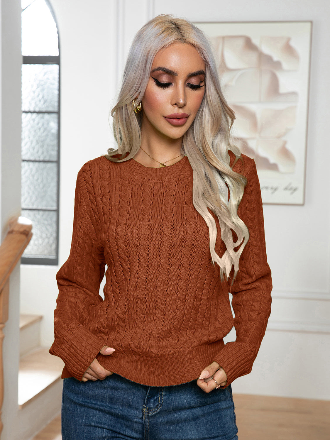 Cable-Knit Round Neck Long Sleeve Sweater Ochre for a perfect OOTD – dress to impress outfits from Amexza