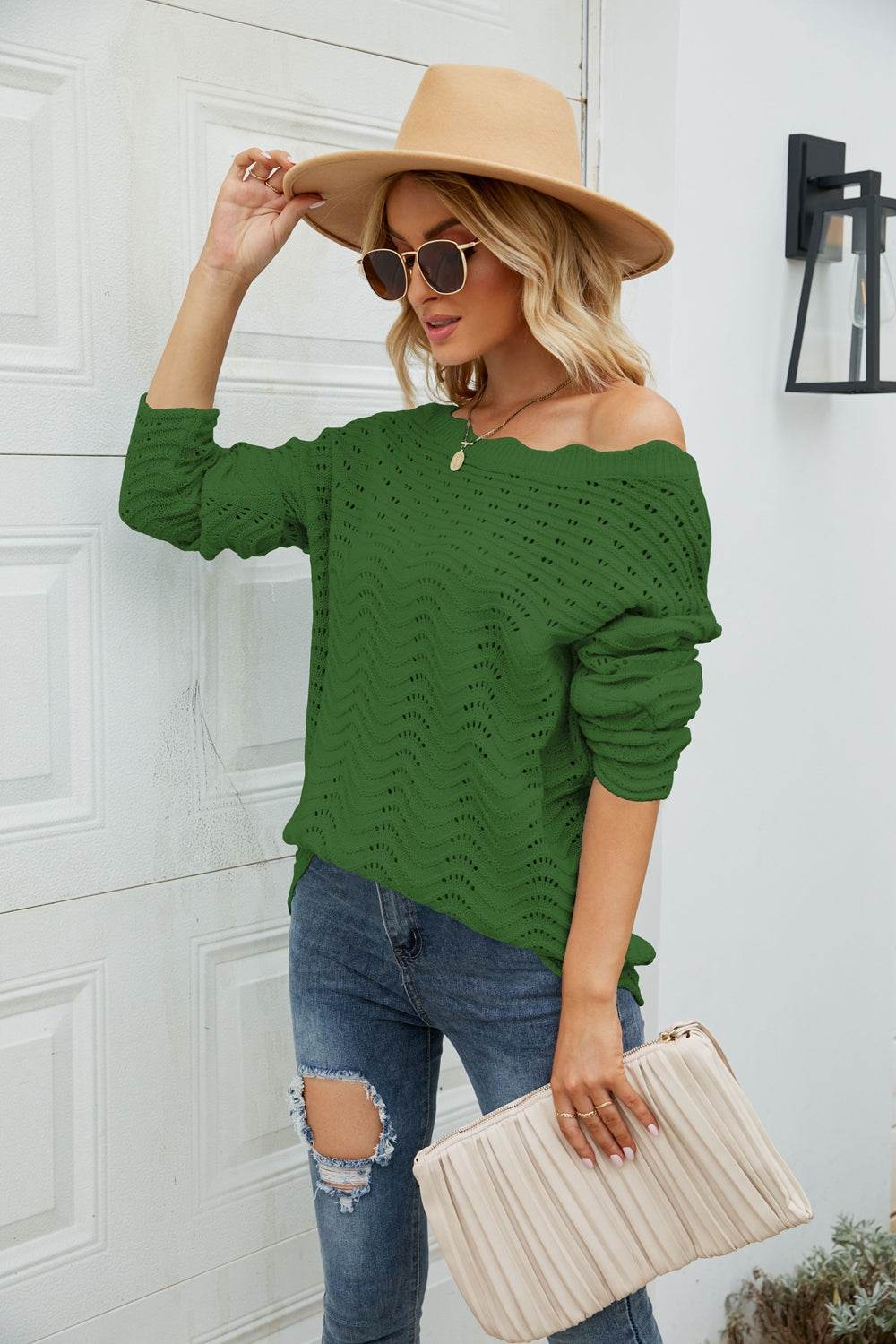 Woven Right Scalloped Boat Neck Openwork Tunic Sweater for a perfect OOTD – dress to impress outfits from Amexza