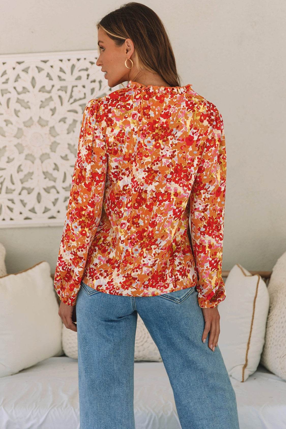 Floral Notched Balloon Sleeve Blouse for a perfect OOTD – dress to impress outfits from Amexza