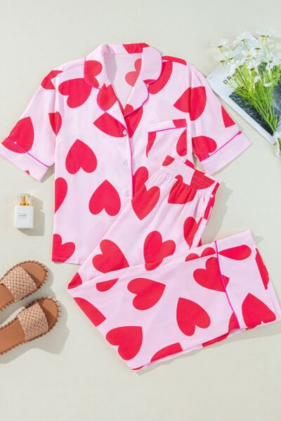 Heart Collared Neck Short Sleeve Top and Pants Lounge Set for a perfect OOTD – dress to impress outfits from Amexza