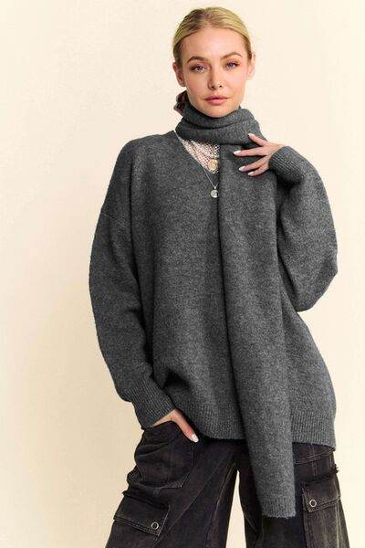 Davi & Dani V-Neck Dropped Shoulder Sweater with Scarf Set Dark Gray for a perfect OOTD – dress to impress outfits from Amexza