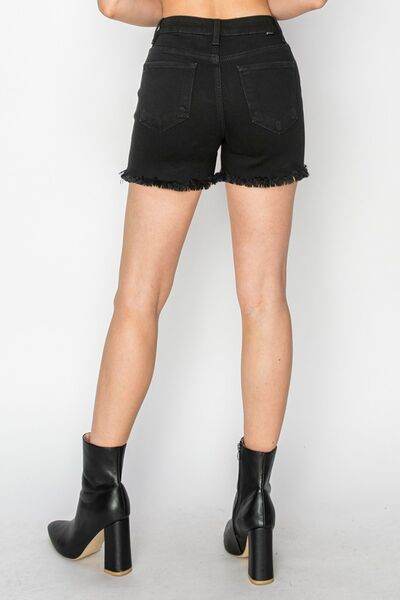 RISEN Full Size High Waist Raw Hem Denim Shorts - Amexza