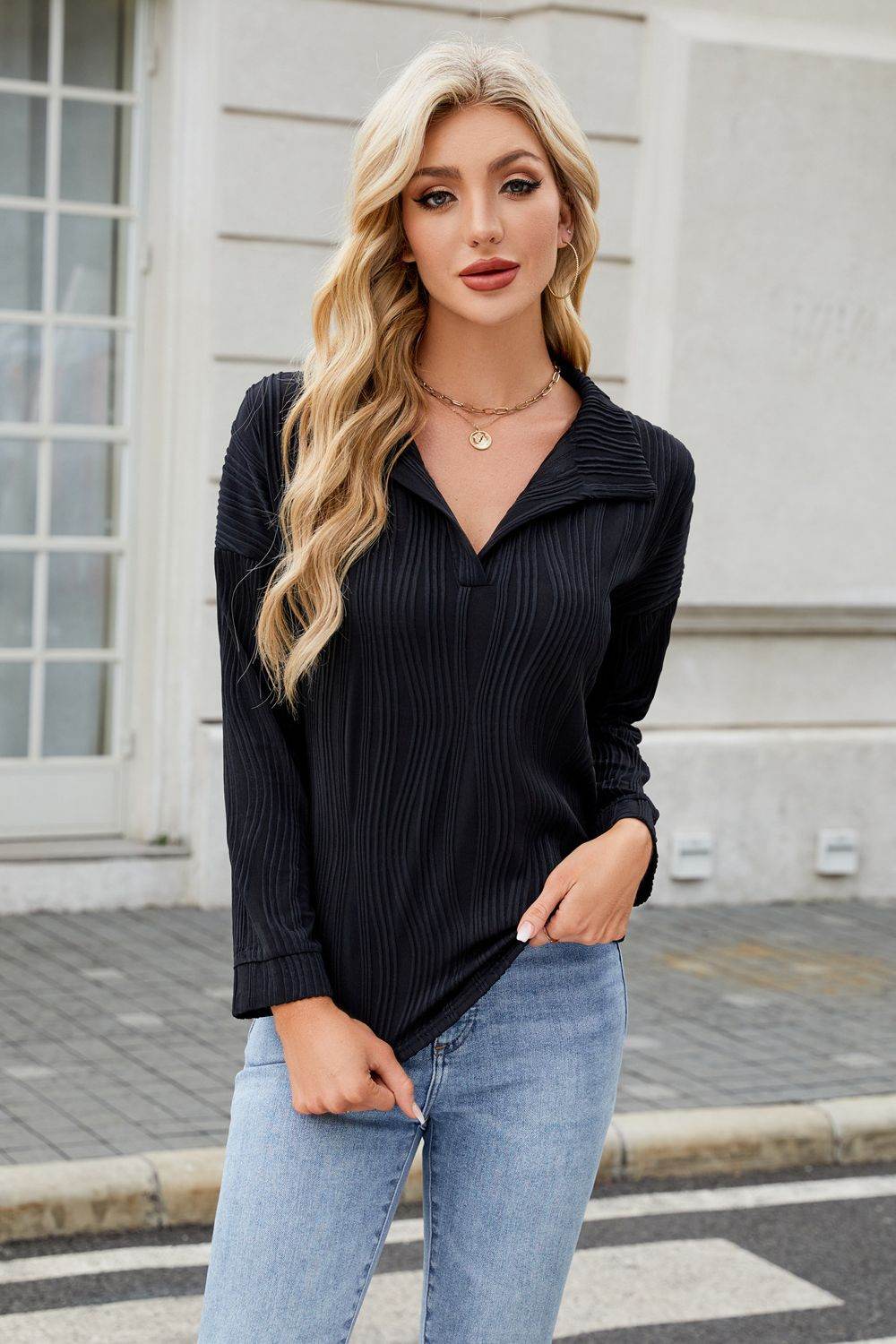 Texture Collared Neck Long Sleeve Blouse Black for a perfect OOTD – dress to impress outfits from Amexza