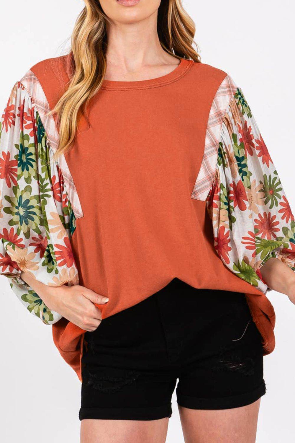 Printed Round Neck Balloon Sleeve Blouse for a perfect OOTD – dress to impress outfits from Amexza