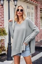V-Neck Slit Exposed Seam Sweater Cloudy Blue for a perfect OOTD – dress to impress outfits from Amexza
