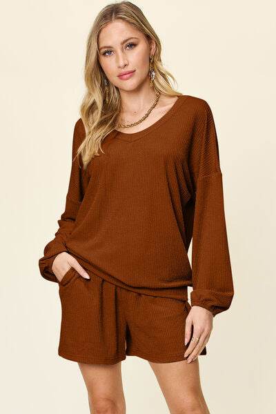 Double Take Full Size Texture V-Neck Long Sleeve T-Shirt and Shorts Set Caramel for a perfect OOTD – dress to impress outfits from Amexza