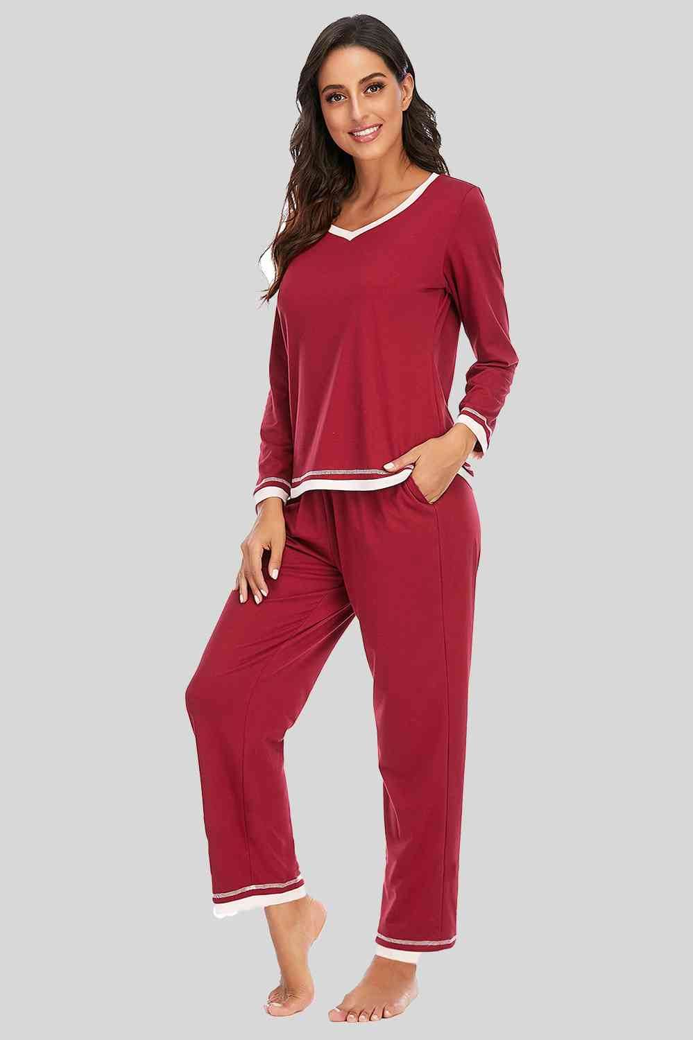 V-Neck Top and Pants Lounge Set Wine for a perfect OOTD – dress to impress outfits from Amexza