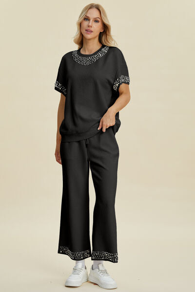 Double Take Full Size Pearl Detail Round Neck Top and Pants Set Black for a perfect OOTD – dress to impress outfits from Amexza