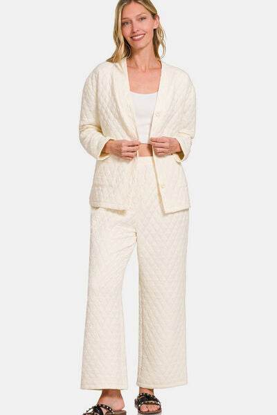 Zenana Quilted Button Up Long Sleeve Top and Pants Lounge Set for a perfect OOTD – dress to impress outfits from Amexza