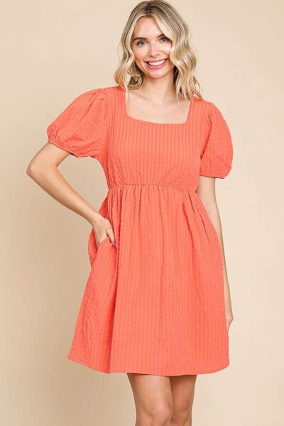 Culture Code Textured Square Neck Short Sleeve Dress Sugar Coral for a perfect OOTD – dress to impress outfits from Amexza