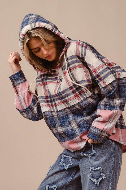 BiBi Drawstring Plaid Drop Shoulder Hoodie for a perfect OOTD – dress to impress outfits from Amexza