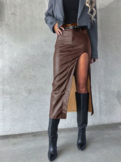 Slit Midi Skirt with Pockets Taupe for a perfect OOTD – dress to impress outfits from Amexza