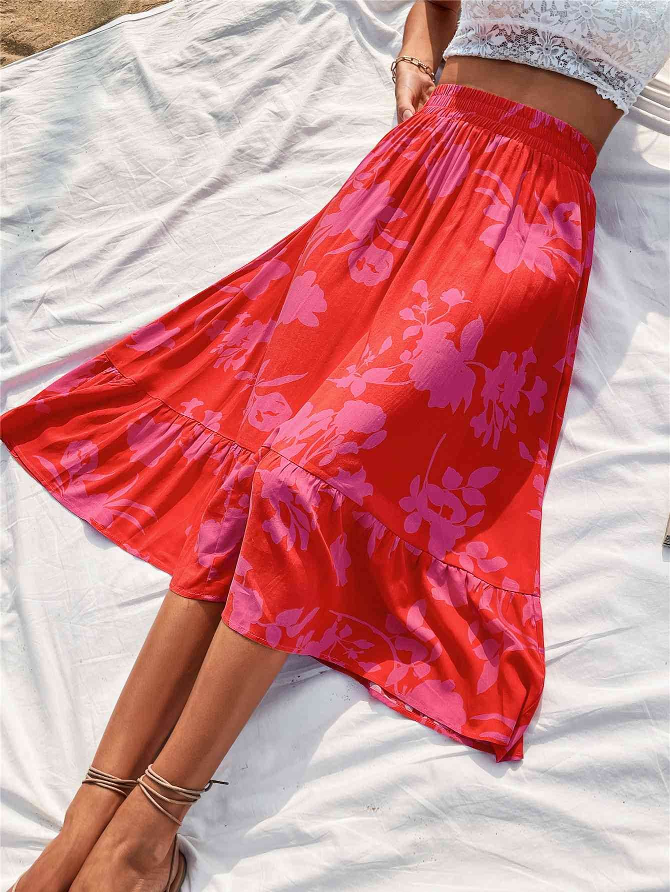 Printed Elastic Waist Skirt Red for a perfect OOTD – dress to impress outfits from Amexza