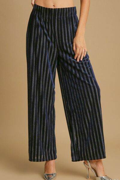 Umgee Full Size Elastic Waist Striped Wide Leg Velvet Pants Navy for a perfect OOTD – dress to impress outfits from Amexza