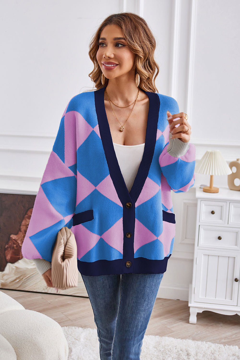 Geometric Lantern Sleeve Cardigan with Pockets for a perfect OOTD – dress to impress outfits from Amexza